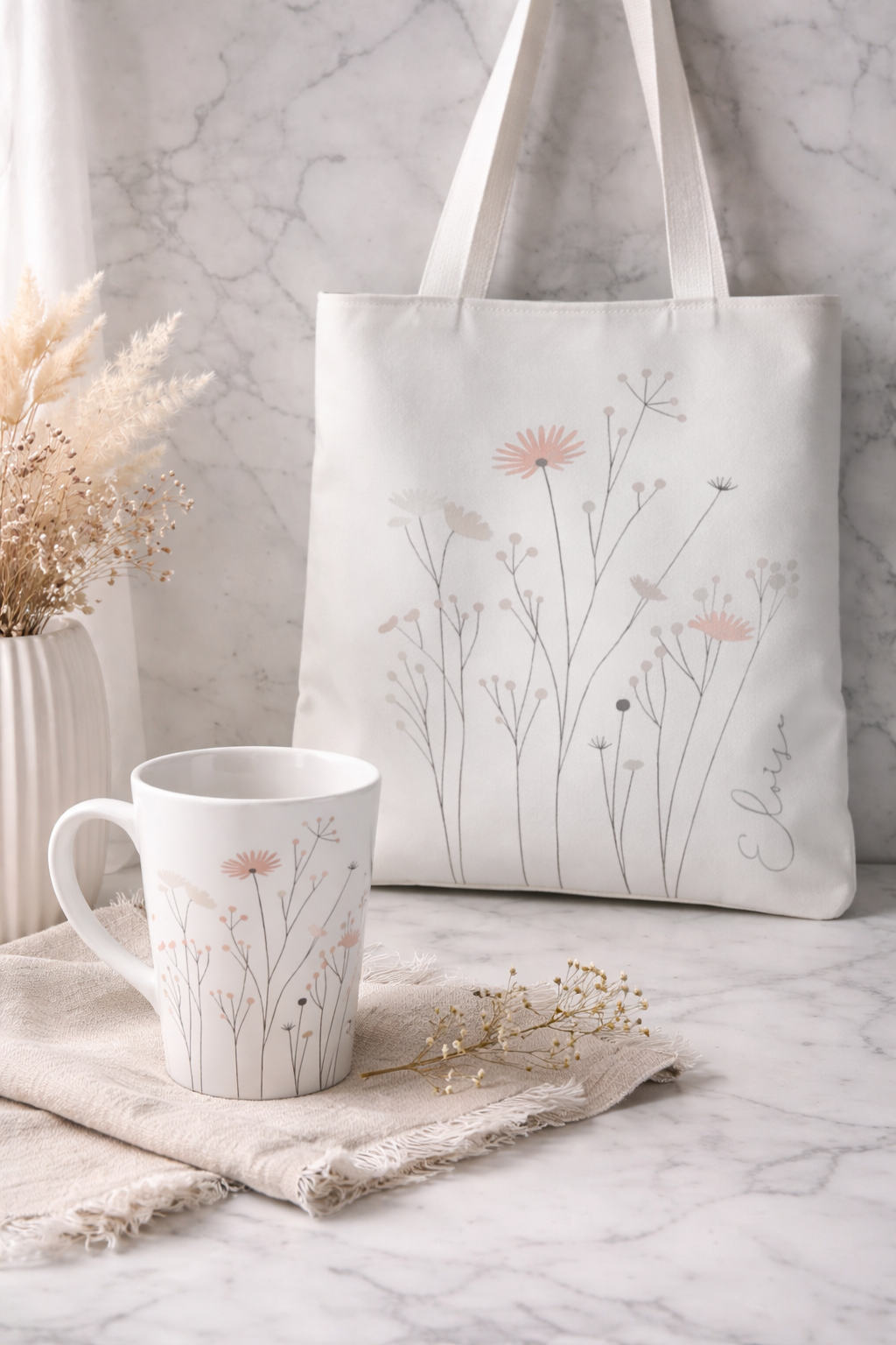 Blush Wildflower Gift Set – Floral Tote Bag & Matching Latte Mug for Her