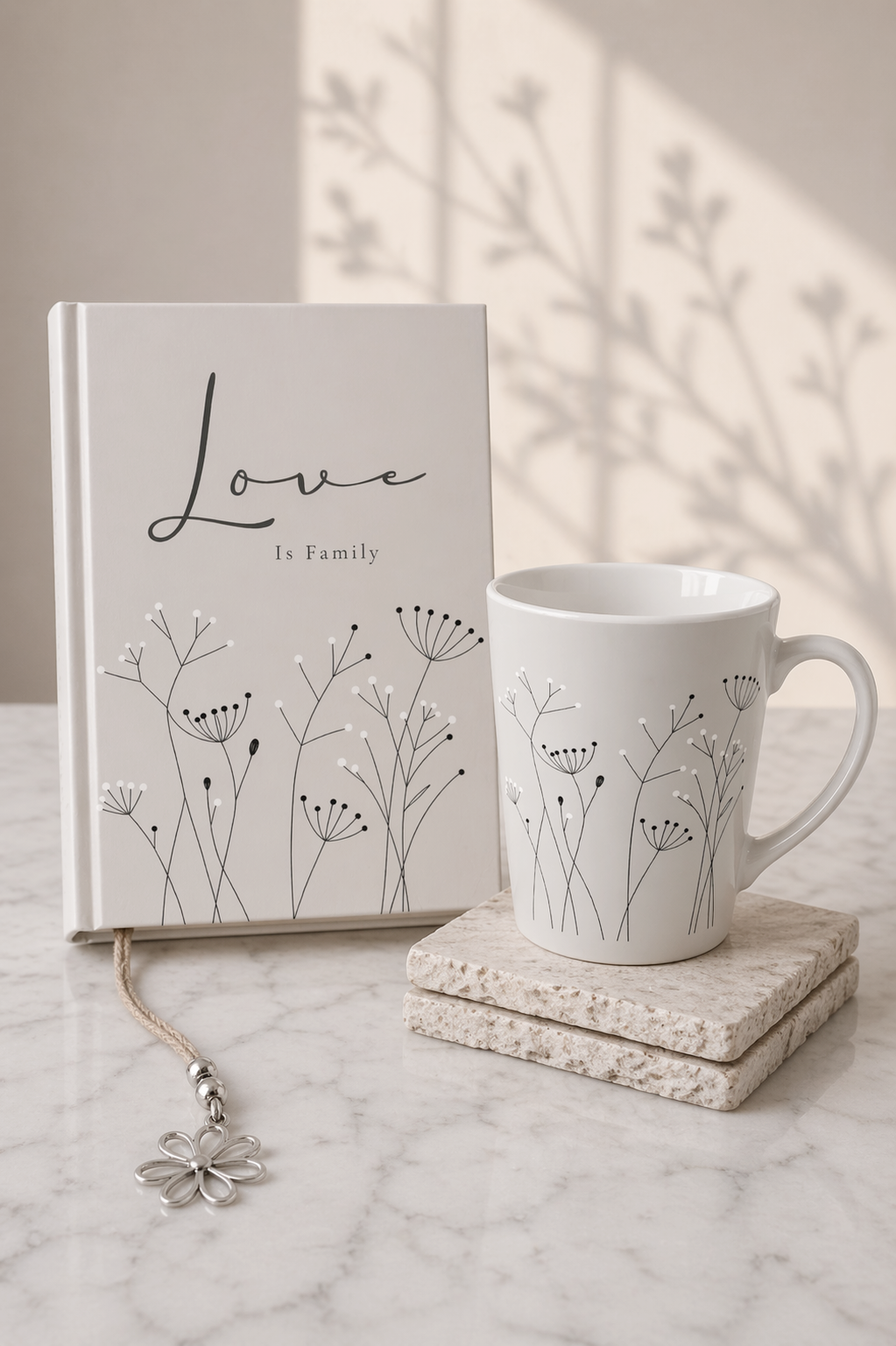 Love Is Family Gift Set – Minimalist Botanical Journal & Stone and Stem Latte Mug