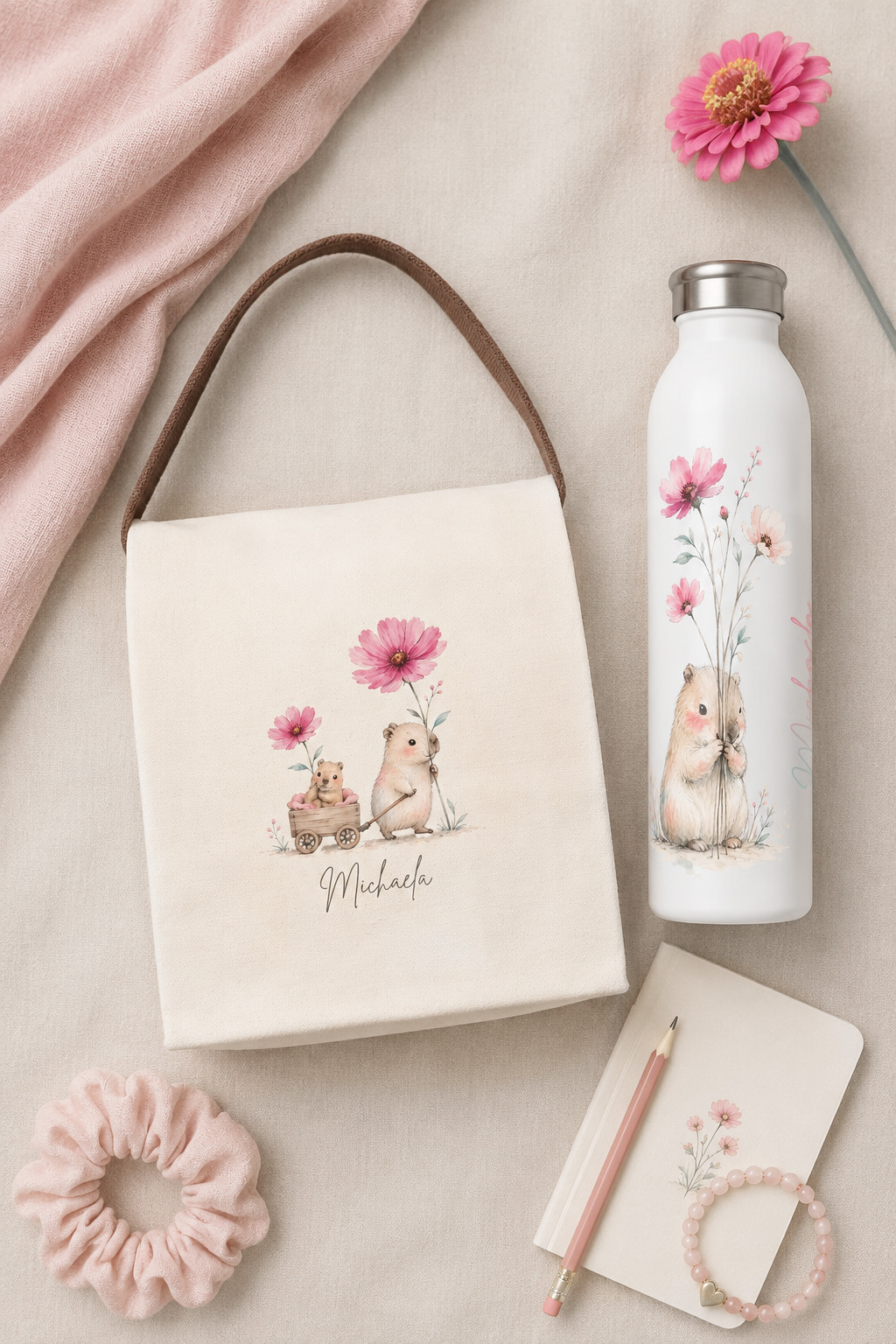 Capybara Water Bottle & Lunch Tote Set – Capybara Blossom Capybara Water Bottle & Lunch Tote Set – Capybara Blossom
