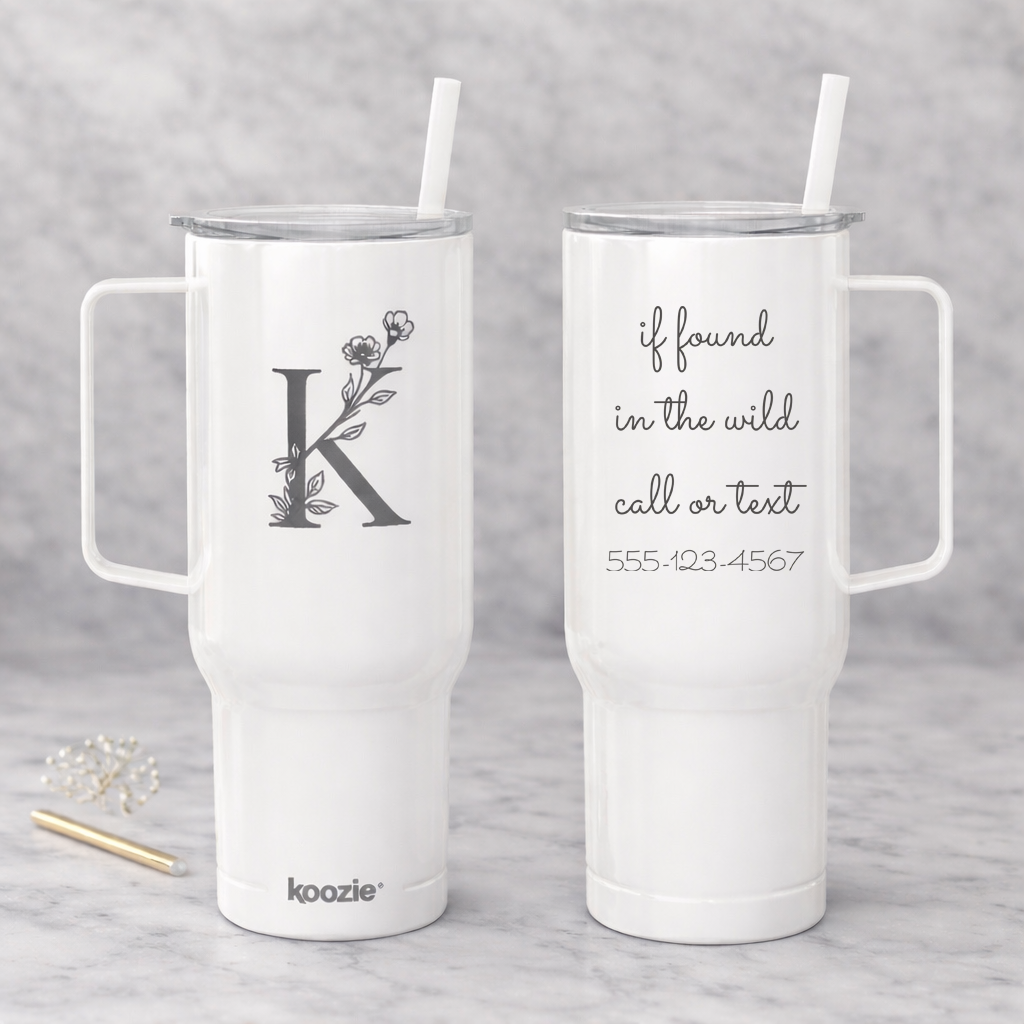 Personalized Phone Number Floral Monogram Engraved Tumbler 40oz