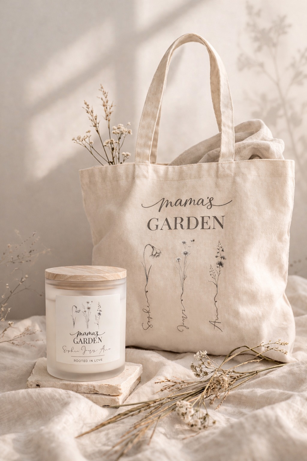 Mama’s Garden Personalized Gift Set – Candle & Tote
