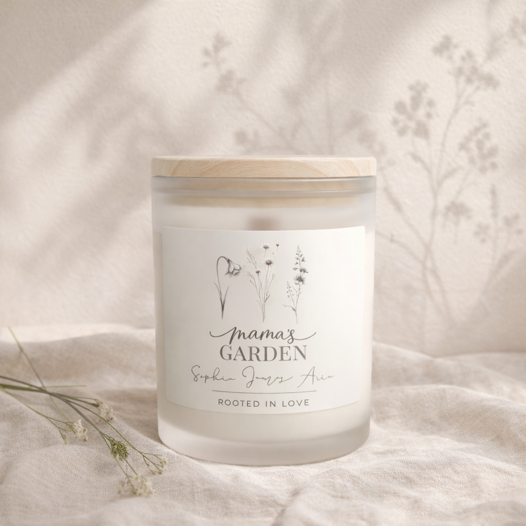 Mama’s Garden Personalized Birth Flower Candle – 11oz Personalized Frosted Glass