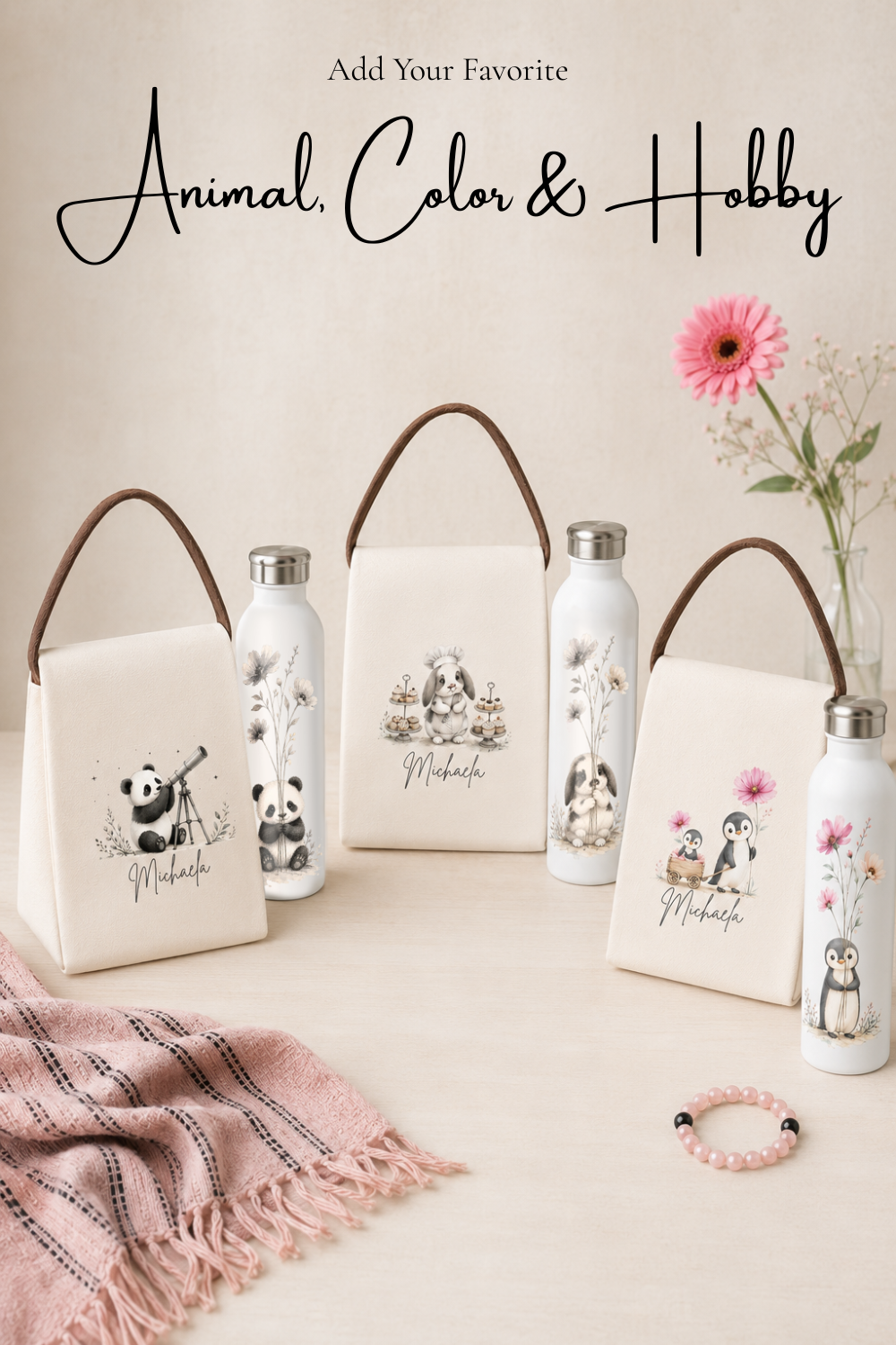 Personalized Animal Name Lunch Set – Water Bottle & Lunch Tote